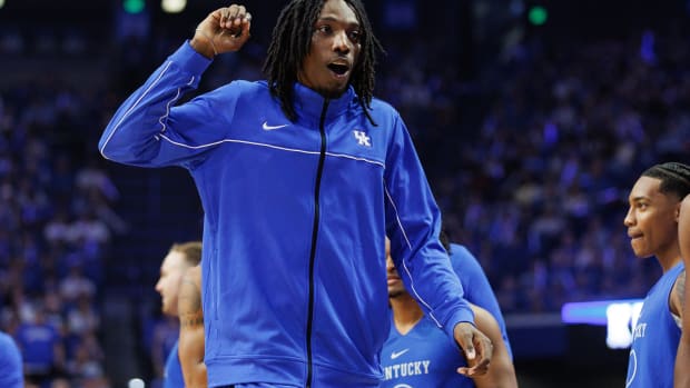 Oct 13, 2023; Lexington, KY, USA; Kentucky Wildcats forward Aaron Bradshaw (2) reacts during Big Blue Madness at Rupp Arena at Central Bank Center. Mandatory Credit: Jordan Prather-USA TODAY Sports